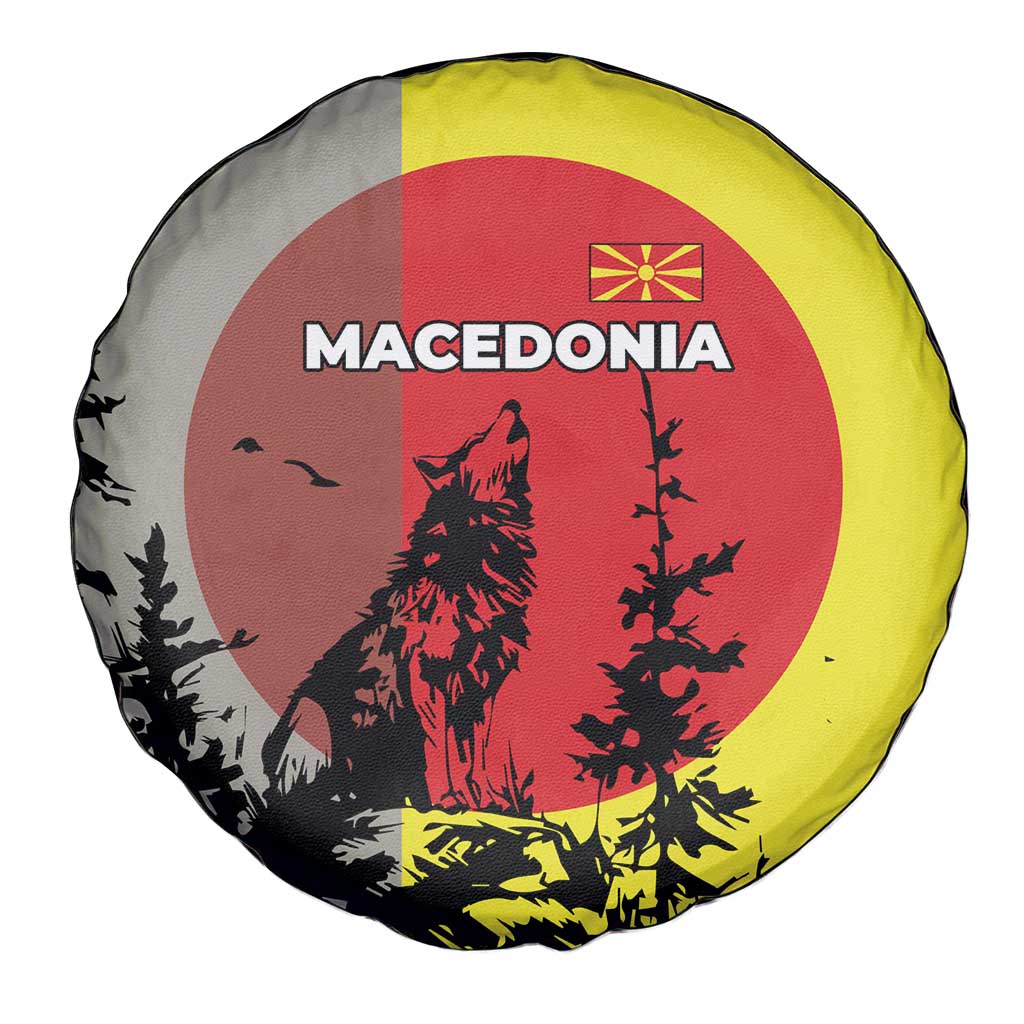 Macedonia Spare Tire Cover with Howling Wolf and Sunset Forest Design TS04