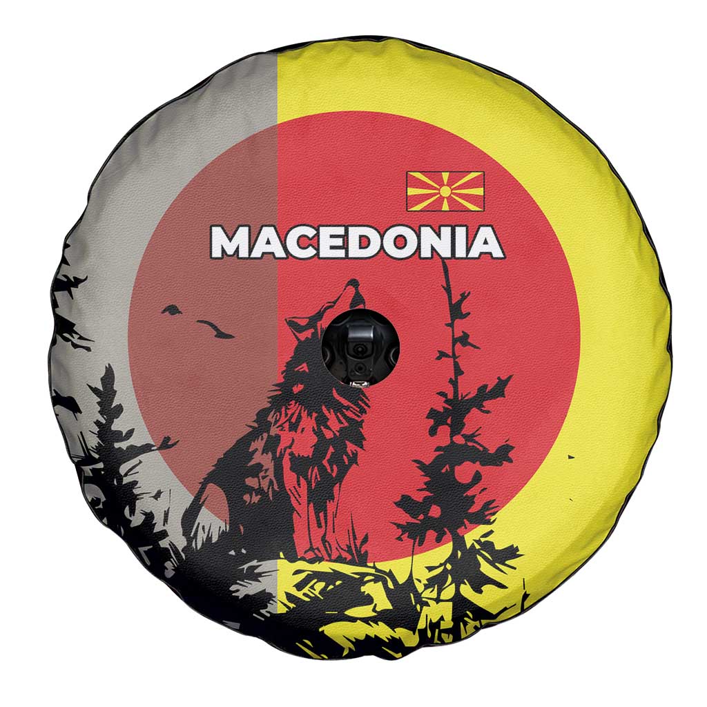 Macedonia Spare Tire Cover with Howling Wolf and Sunset Forest Design TS04