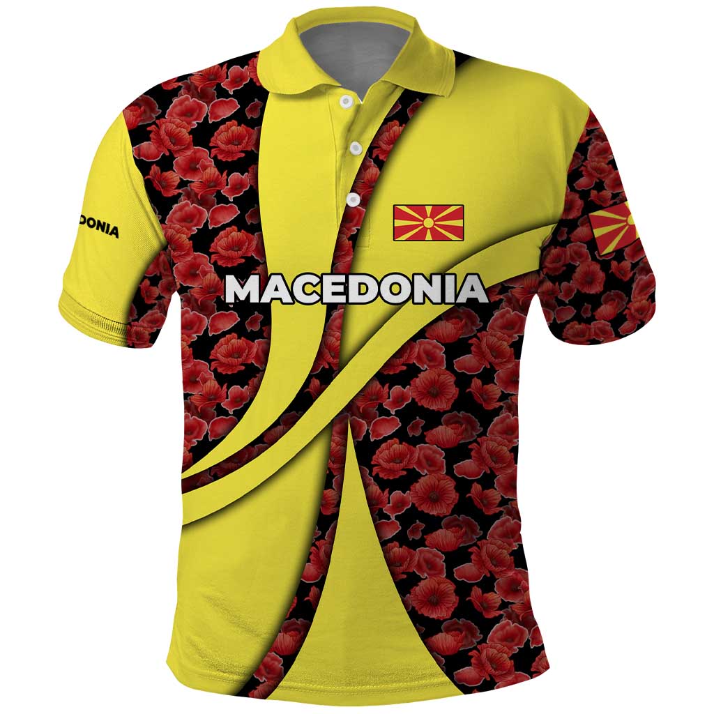 Macedonia Polo Shirt with Red Poppy Flower and Curved Panel Design TS04