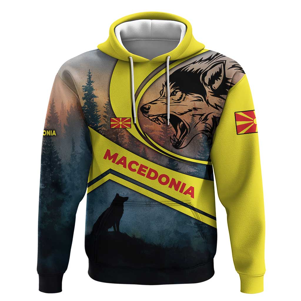 Macedonia Hoodie with Forest Wolf and Sunset Silhouette Design TS04
