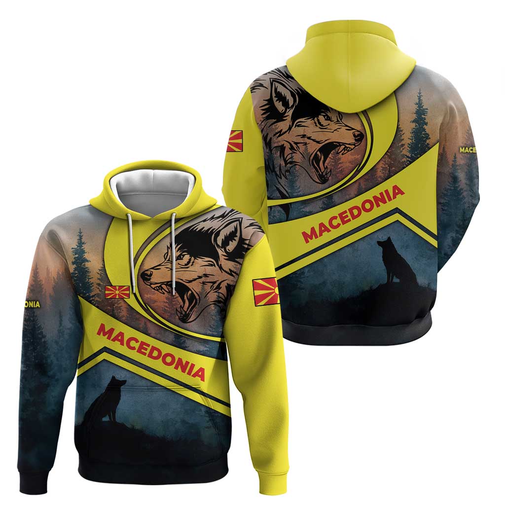 Macedonia Hoodie with Forest Wolf and Sunset Silhouette Design TS04