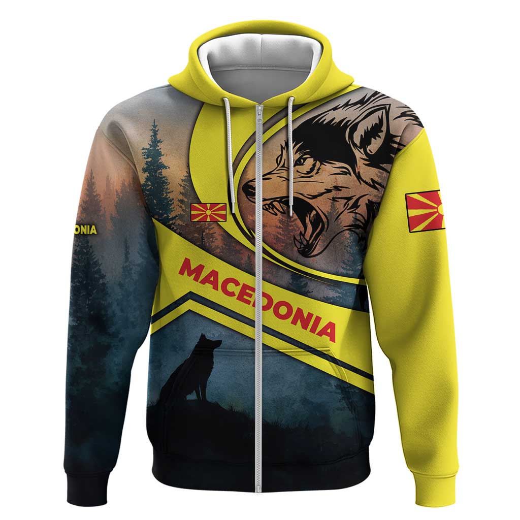 Macedonia Hoodie with Forest Wolf and Sunset Silhouette Design TS04