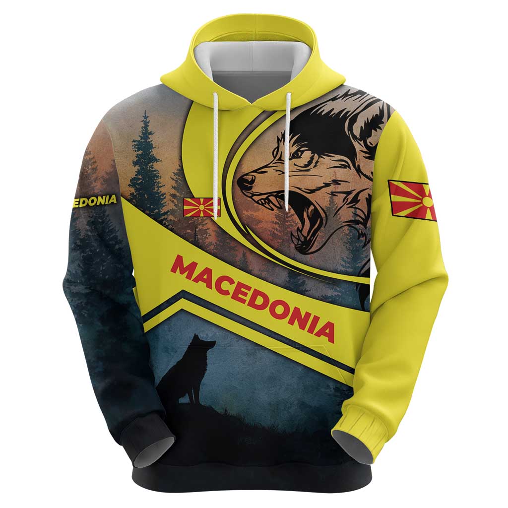 Macedonia Hoodie with Forest Wolf and Sunset Silhouette Design TS04