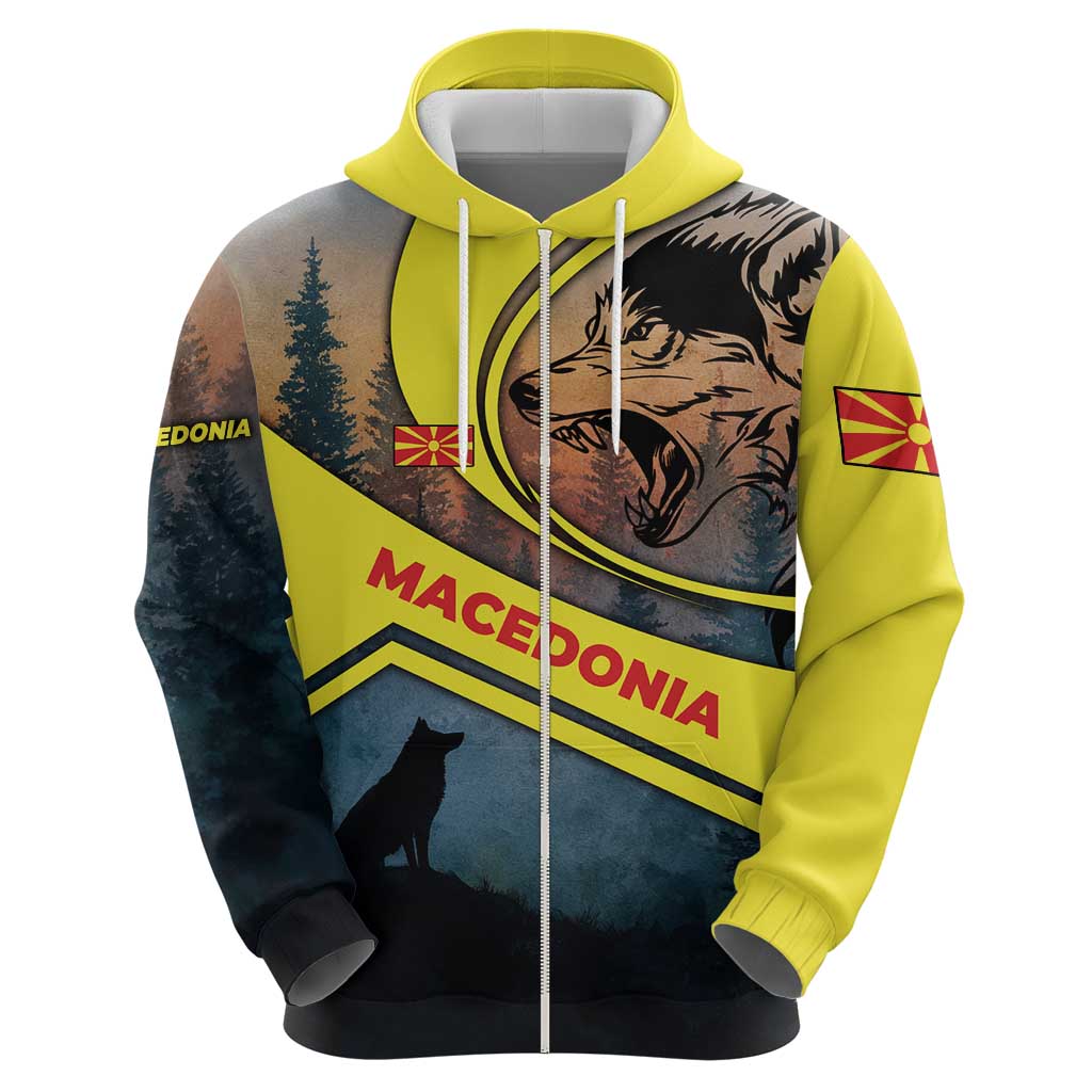 Macedonia Hoodie with Forest Wolf and Sunset Silhouette Design TS04