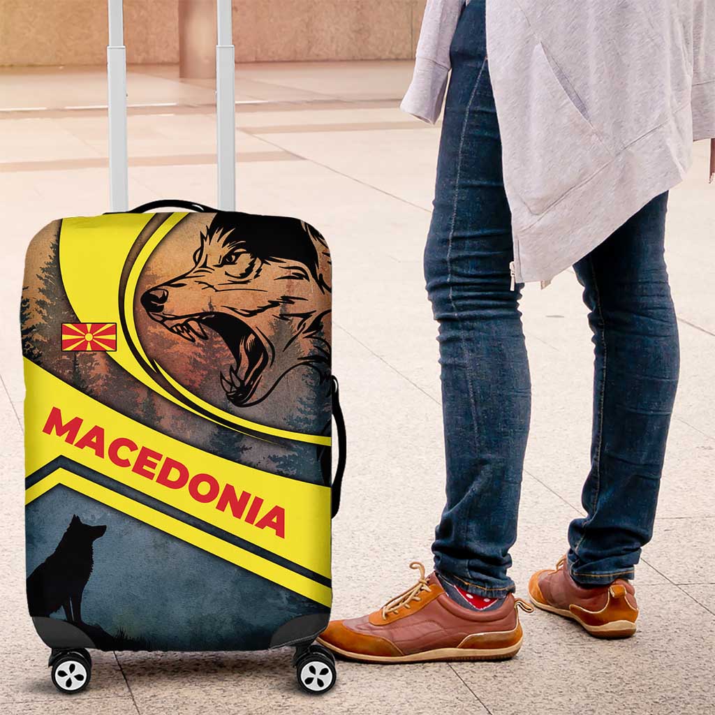 Macedonia Luggage Cover with Forest Wolf and Sunset Silhouette Design TS04