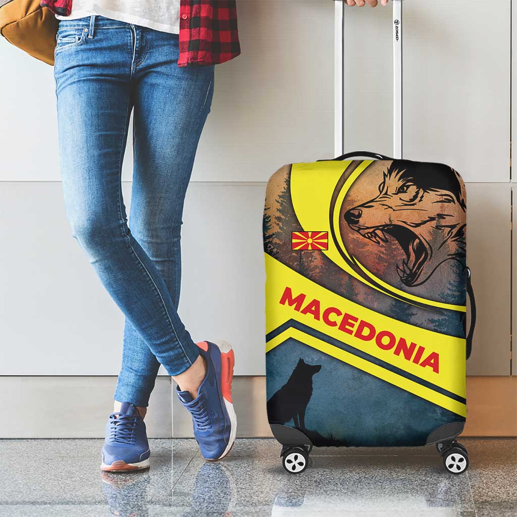 Macedonia Luggage Cover with Forest Wolf and Sunset Silhouette Design TS04