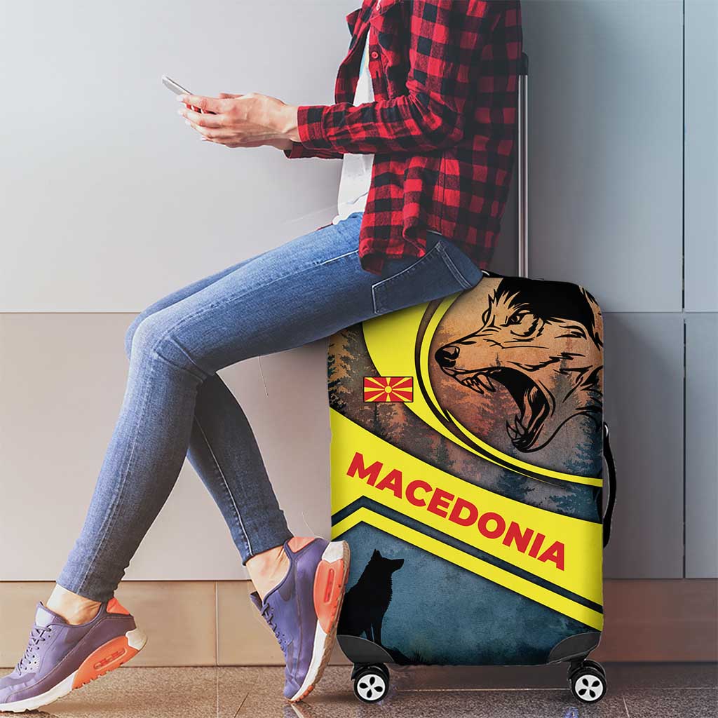 Macedonia Luggage Cover with Forest Wolf and Sunset Silhouette Design TS04