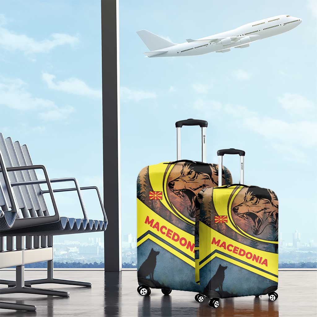 Macedonia Luggage Cover with Forest Wolf and Sunset Silhouette Design TS04
