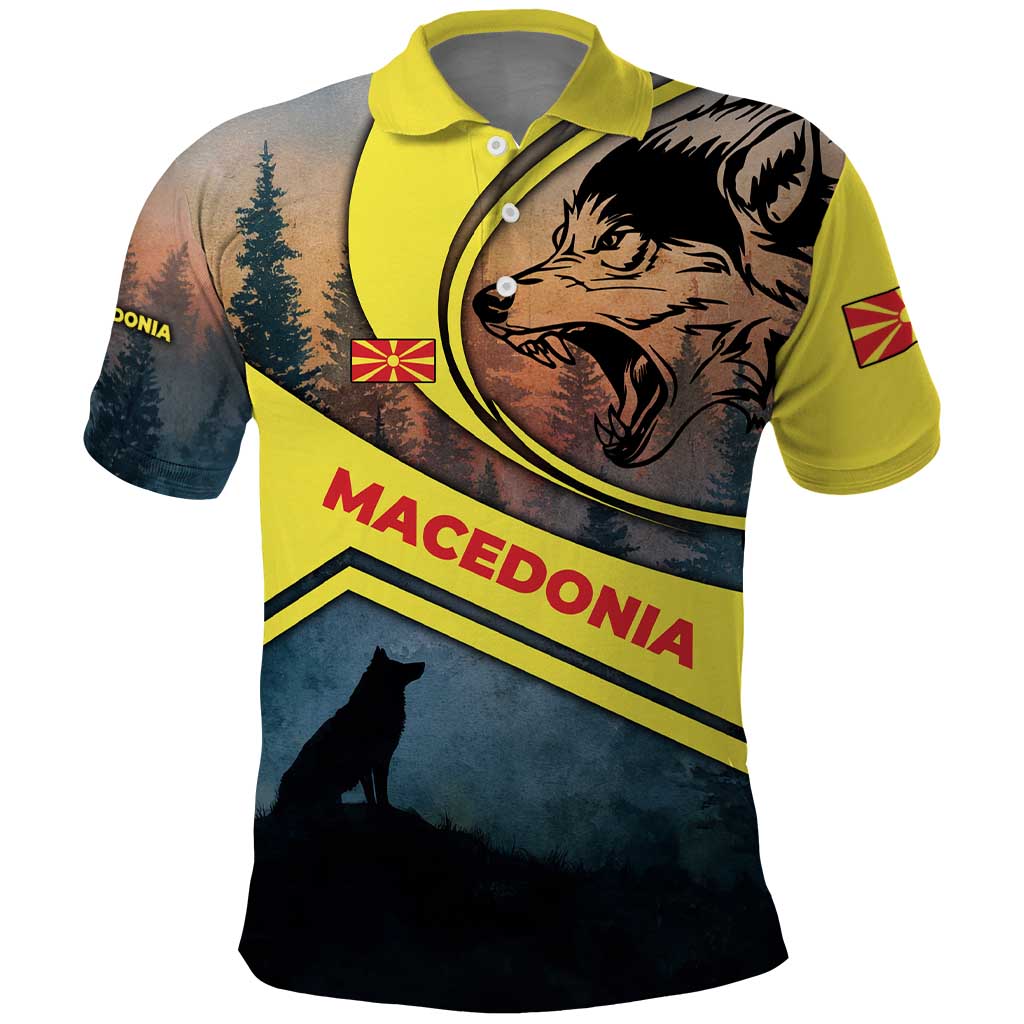 Macedonia Polo Shirt with Forest Wolf and Sunset Silhouette Design TS04