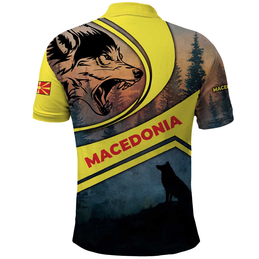 Macedonia Polo Shirt with Forest Wolf and Sunset Silhouette Design TS04