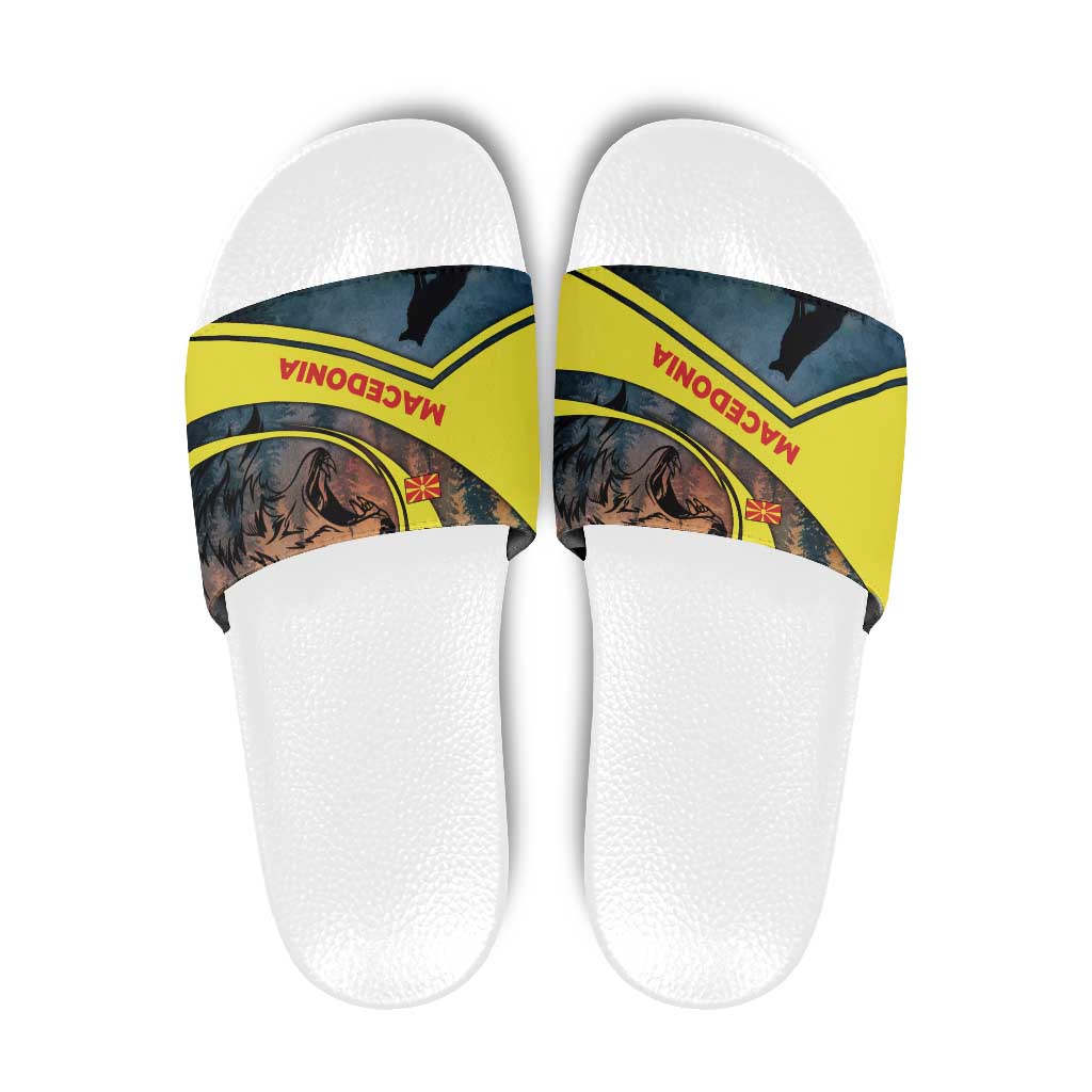 Macedonia Slide Sandals with Forest Wolf and Sunset Silhouette Design TS04