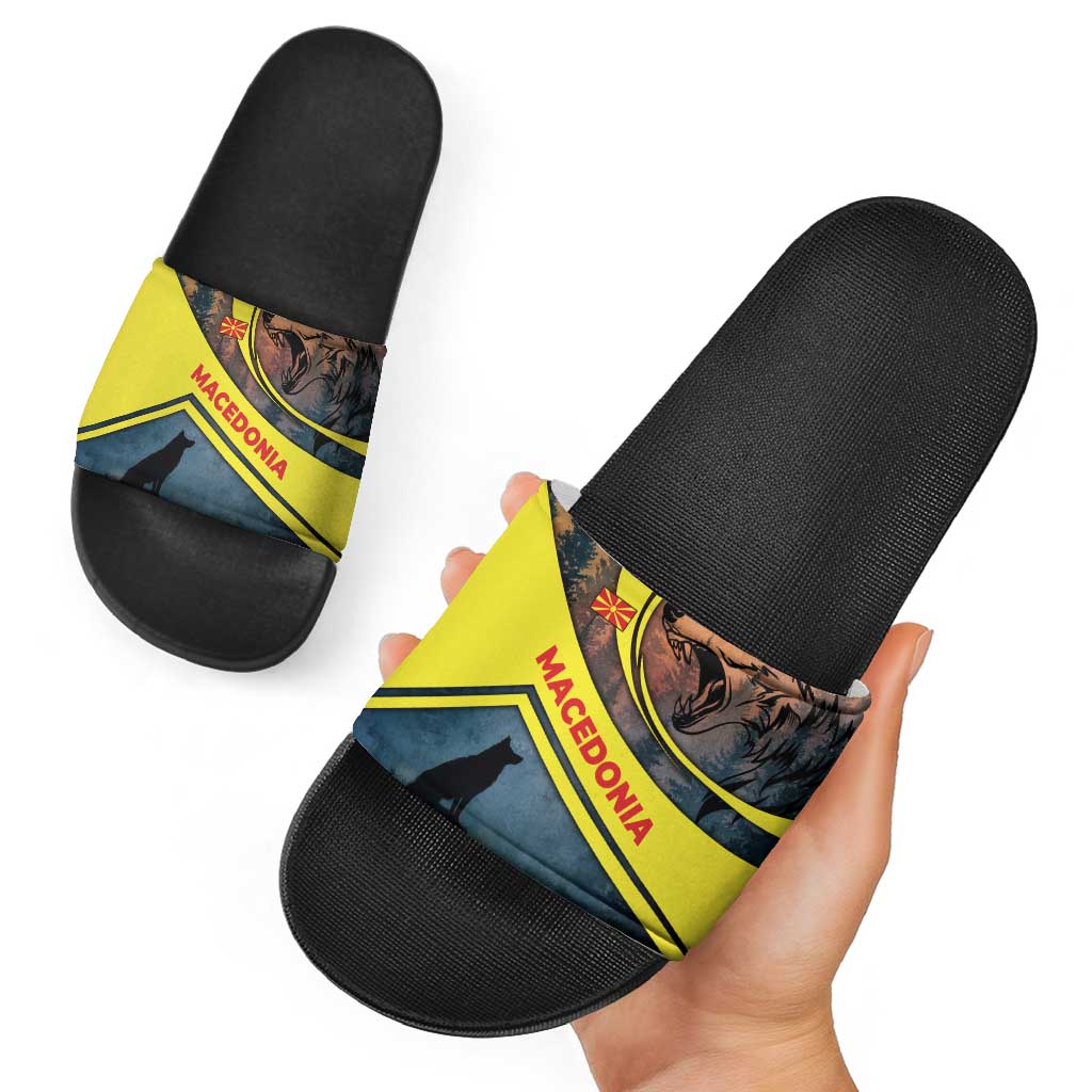 Macedonia Slide Sandals with Forest Wolf and Sunset Silhouette Design TS04