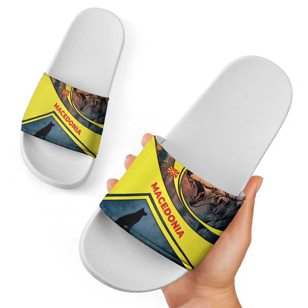 Macedonia Slide Sandals with Forest Wolf and Sunset Silhouette Design TS04
