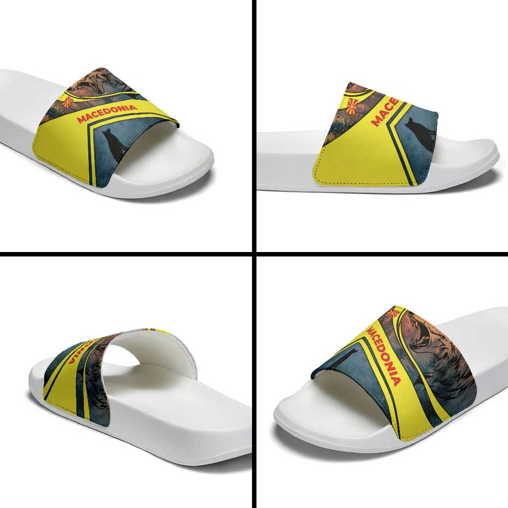 Macedonia Slide Sandals with Forest Wolf and Sunset Silhouette Design TS04