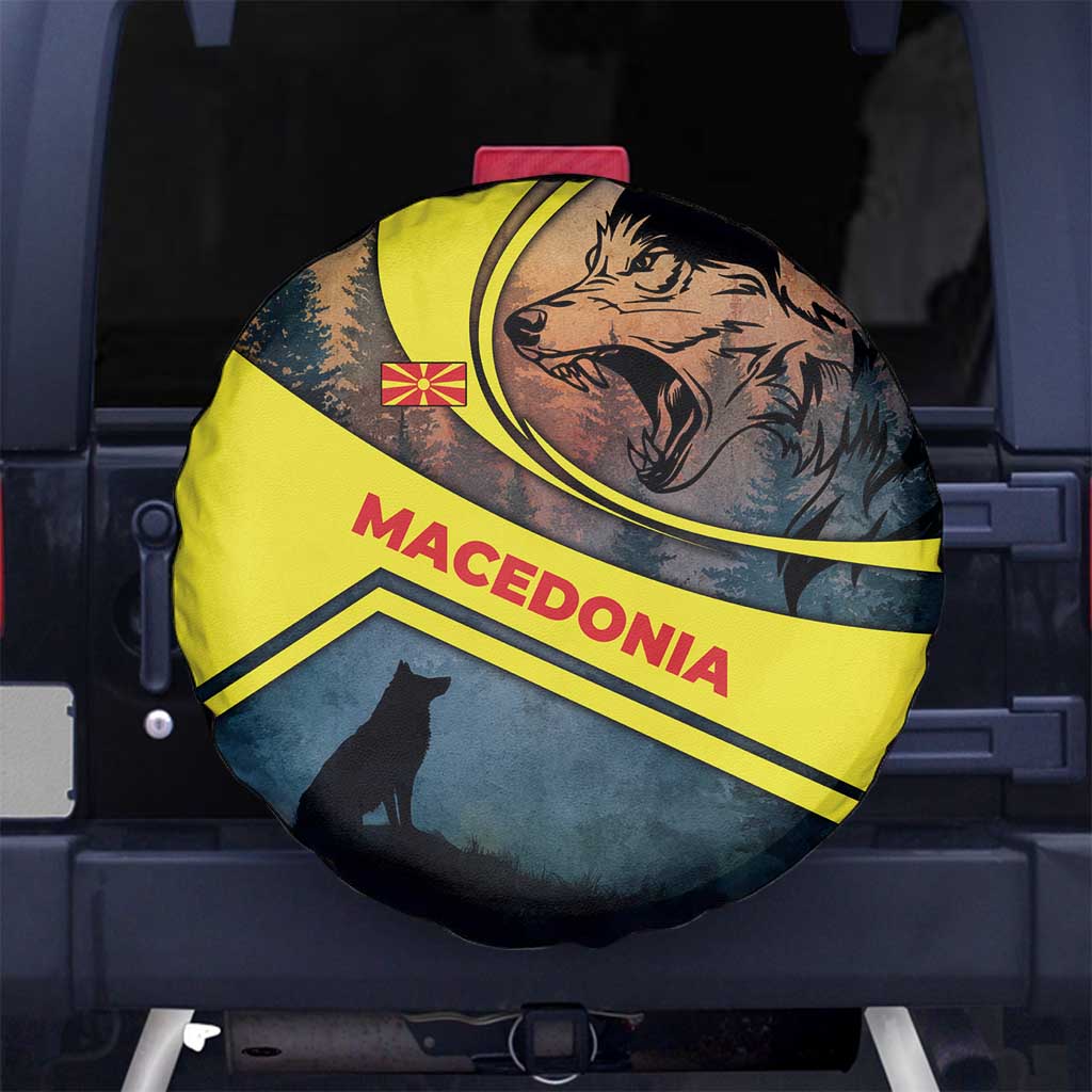 Macedonia Spare Tire Cover with Forest Wolf and Sunset Silhouette Design TS04