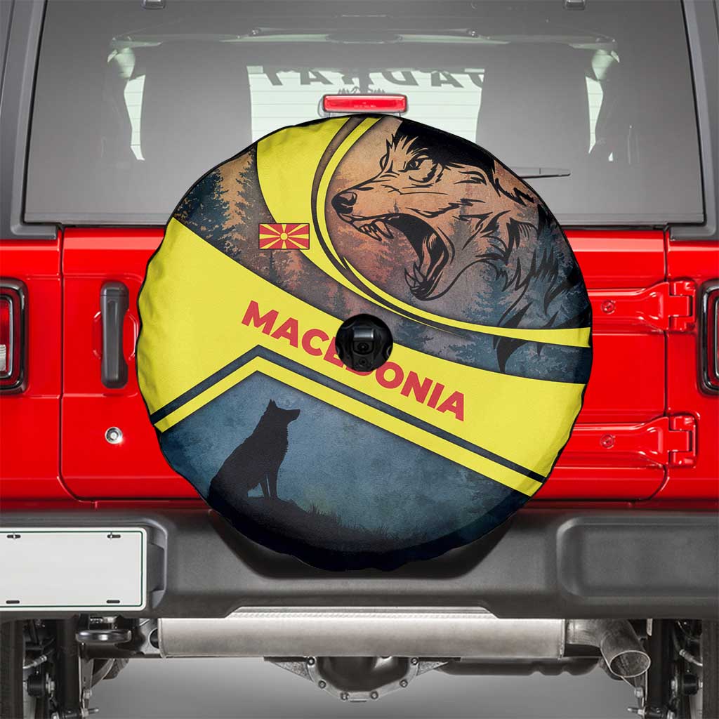 Macedonia Spare Tire Cover with Forest Wolf and Sunset Silhouette Design TS04
