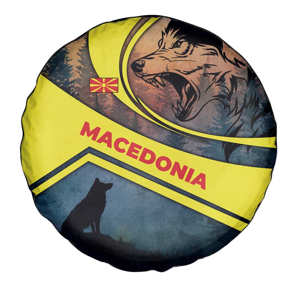 Macedonia Spare Tire Cover with Forest Wolf and Sunset Silhouette Design TS04