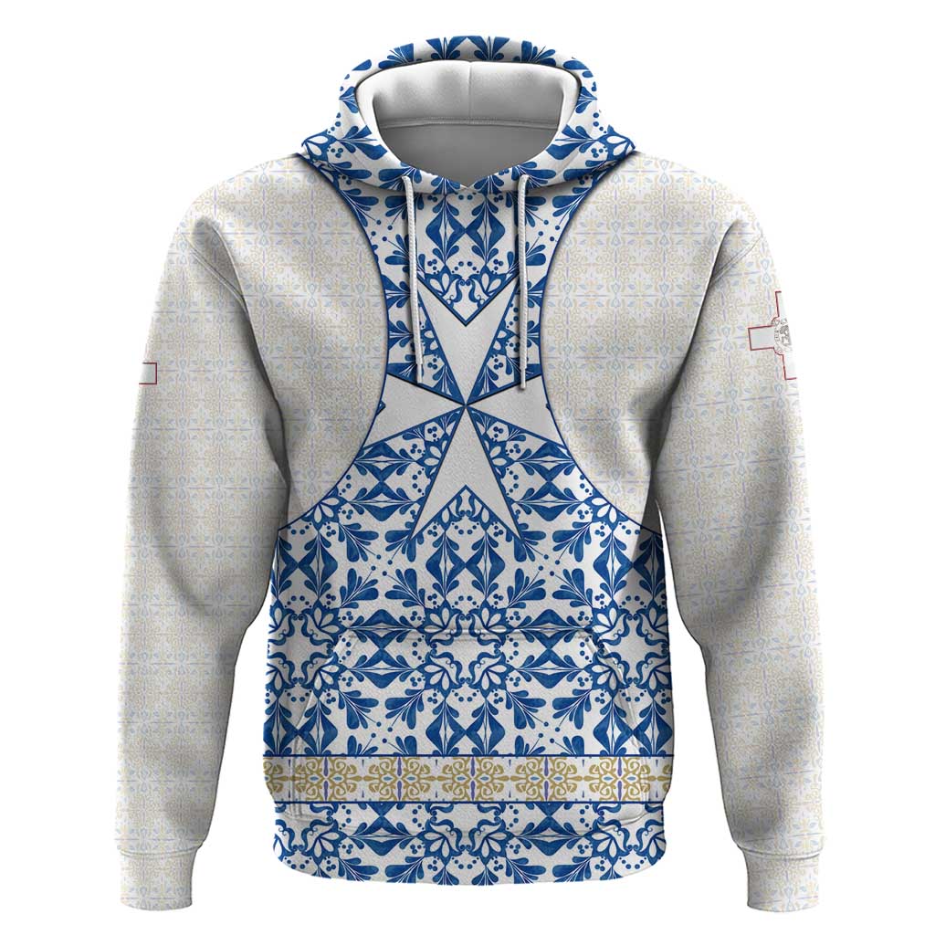 Malta Hoodie with Blue White Tile Design and Maltese Cross Pattern TS04