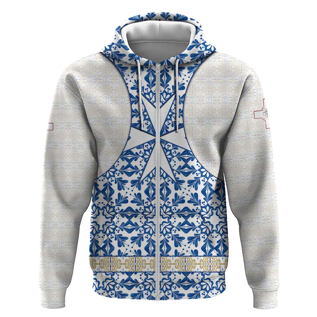 Malta Hoodie with Blue White Tile Design and Maltese Cross Pattern TS04