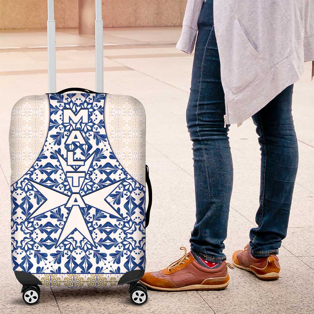 Malta Luggage Cover with Blue White Tile Design and Maltese Cross Pattern TS04