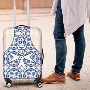 Malta Luggage Cover with Blue White Tile Design and Maltese Cross Pattern TS04