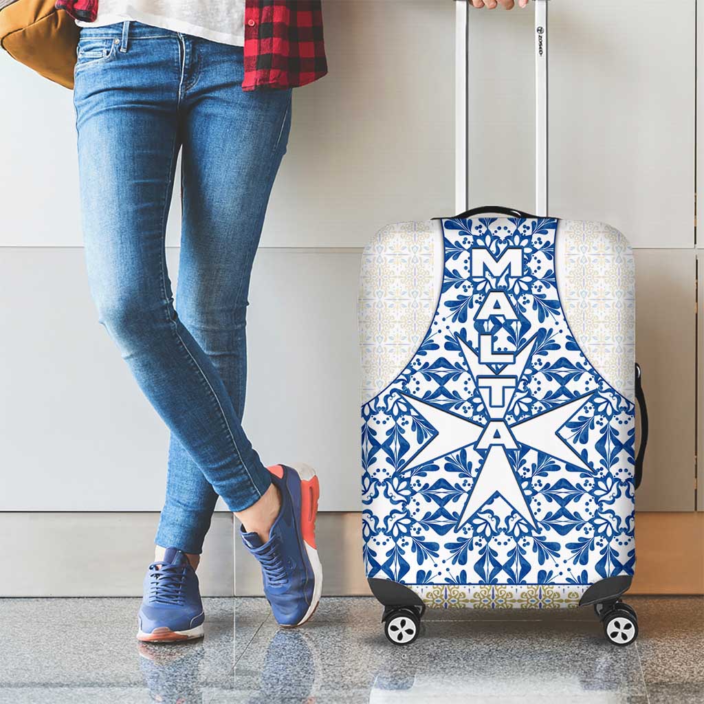 Malta Luggage Cover with Blue White Tile Design and Maltese Cross Pattern TS04