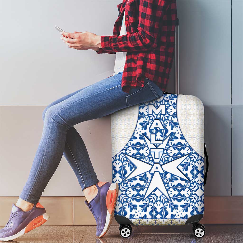 Malta Luggage Cover with Blue White Tile Design and Maltese Cross Pattern TS04