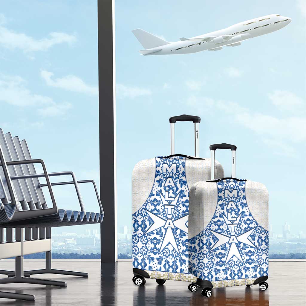 Malta Luggage Cover with Blue White Tile Design and Maltese Cross Pattern TS04