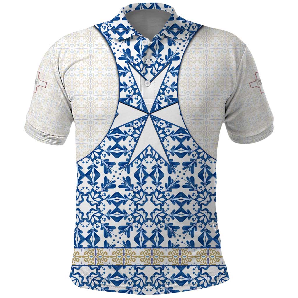 Malta Polo Shirt with Blue White Tile Design and Maltese Cross Pattern TS04