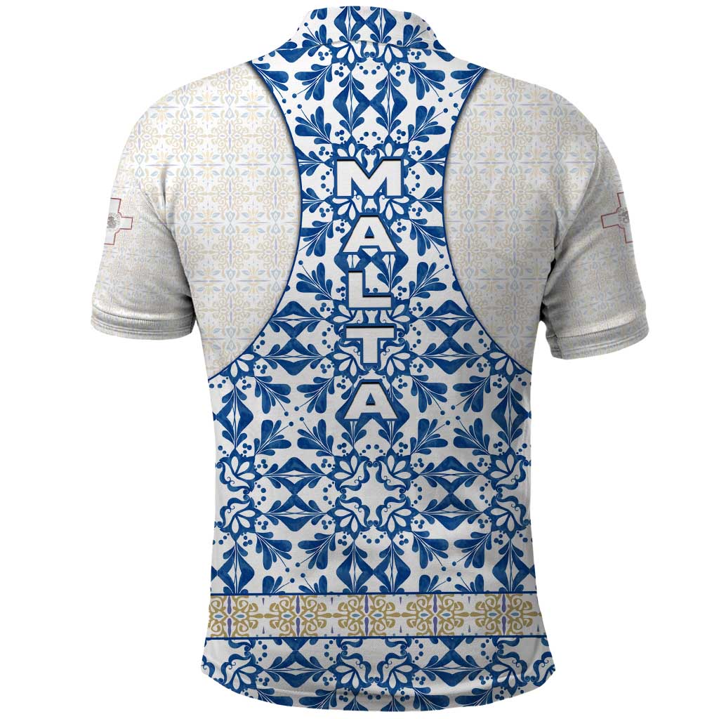 Malta Polo Shirt with Blue White Tile Design and Maltese Cross Pattern TS04