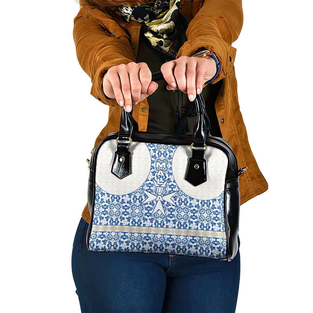 Malta Shoulder Handbag with Blue White Tile Design and Maltese Cross Pattern TS04