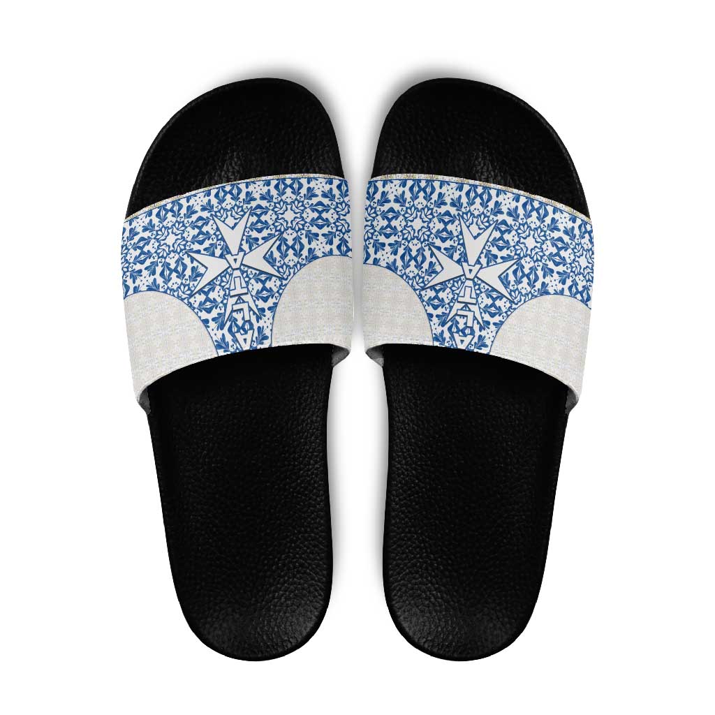 Malta Slide Sandals with Blue White Tile Design and Maltese Cross Pattern TS04