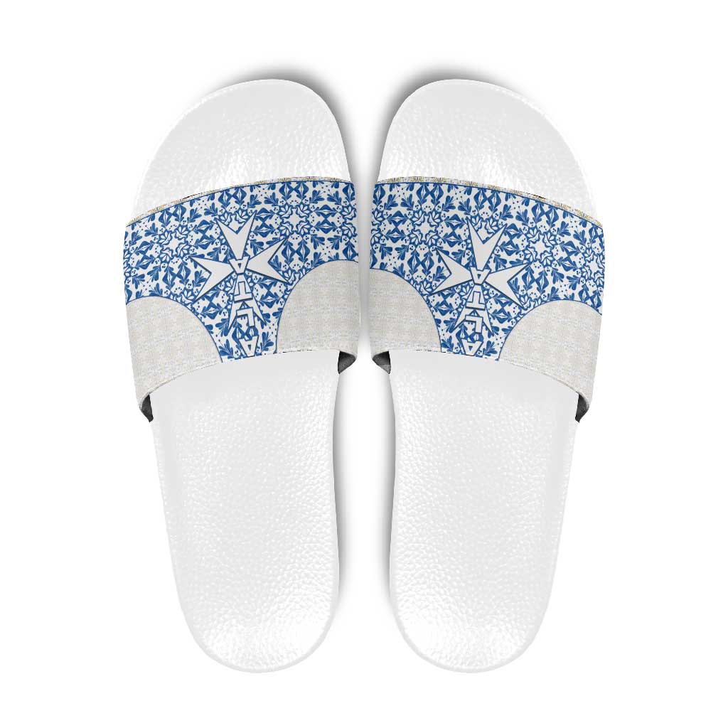 Malta Slide Sandals with Blue White Tile Design and Maltese Cross Pattern TS04