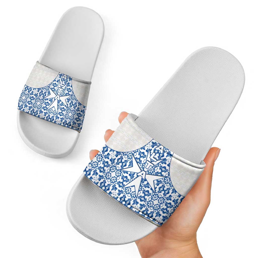 Malta Slide Sandals with Blue White Tile Design and Maltese Cross Pattern TS04