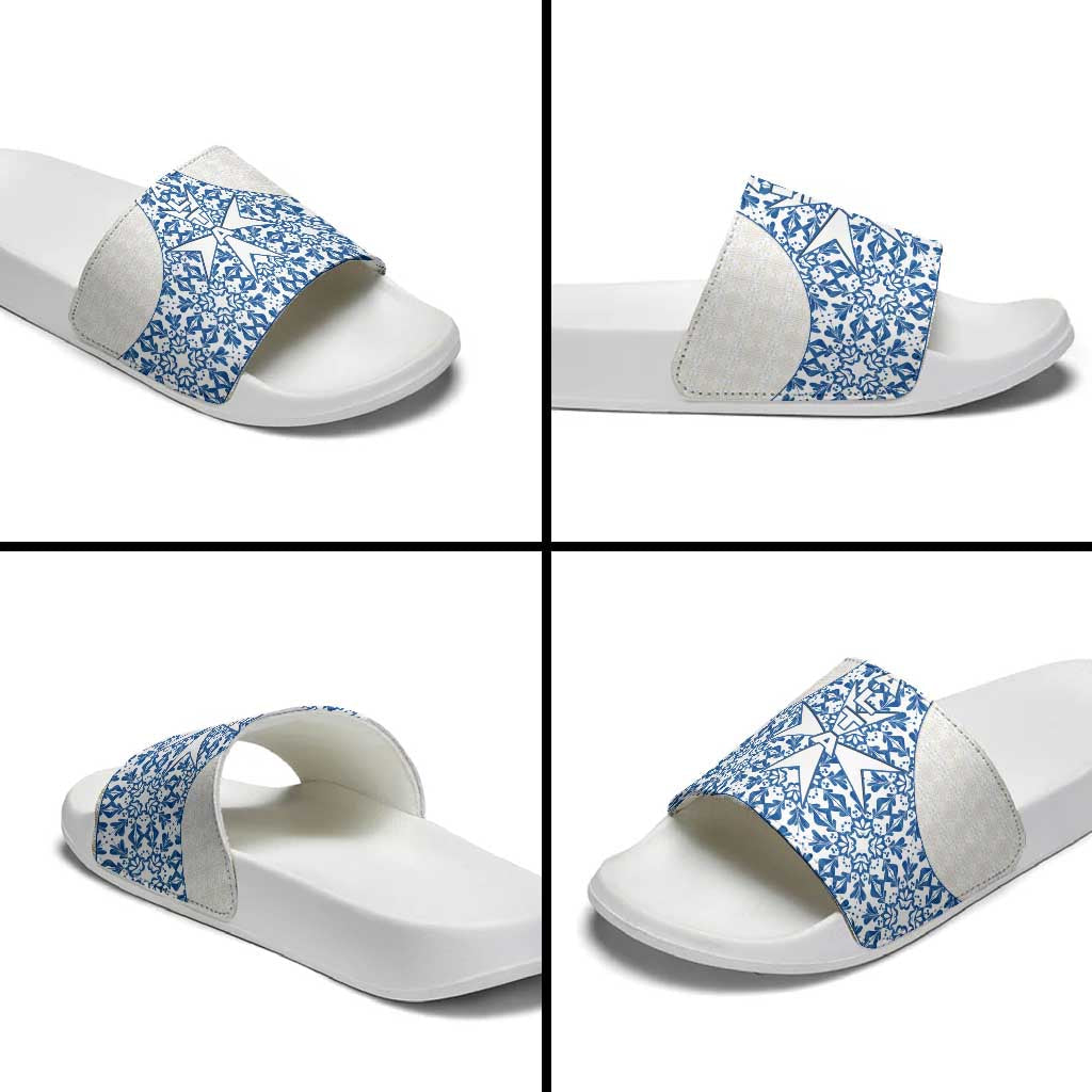 Malta Slide Sandals with Blue White Tile Design and Maltese Cross Pattern TS04