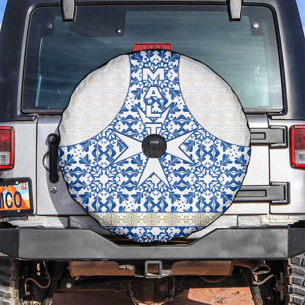 Malta Spare Tire Cover with Blue White Tile Design and Maltese Cross Pattern TS04