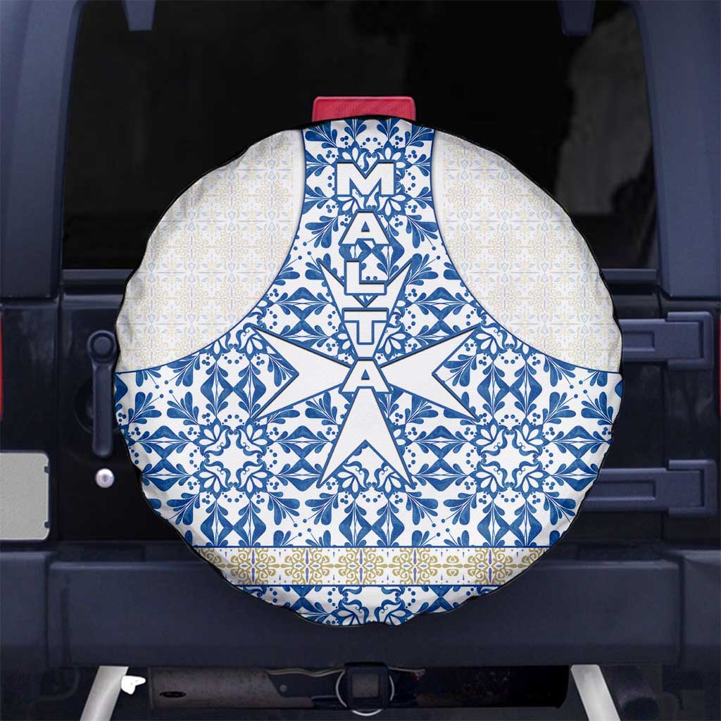 Malta Spare Tire Cover with Blue White Tile Design and Maltese Cross Pattern TS04