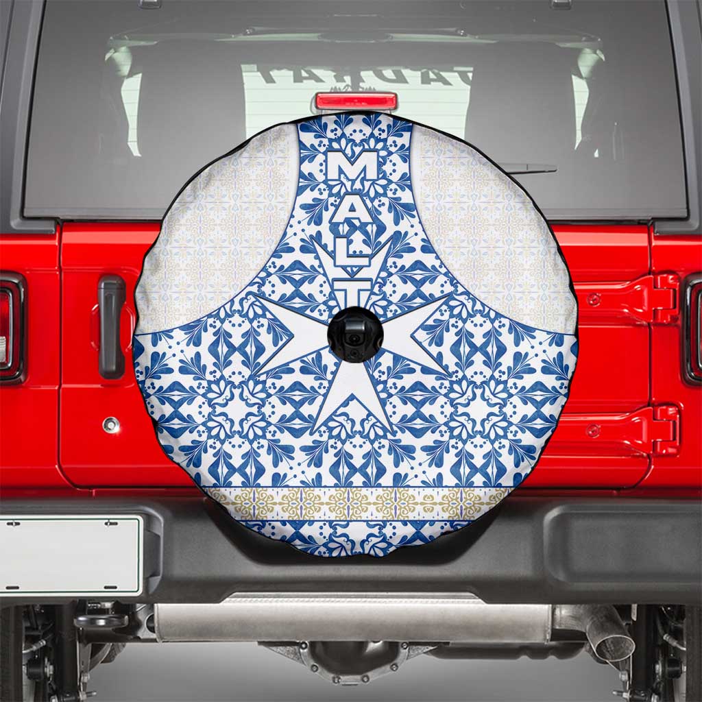 Malta Spare Tire Cover with Blue White Tile Design and Maltese Cross Pattern TS04
