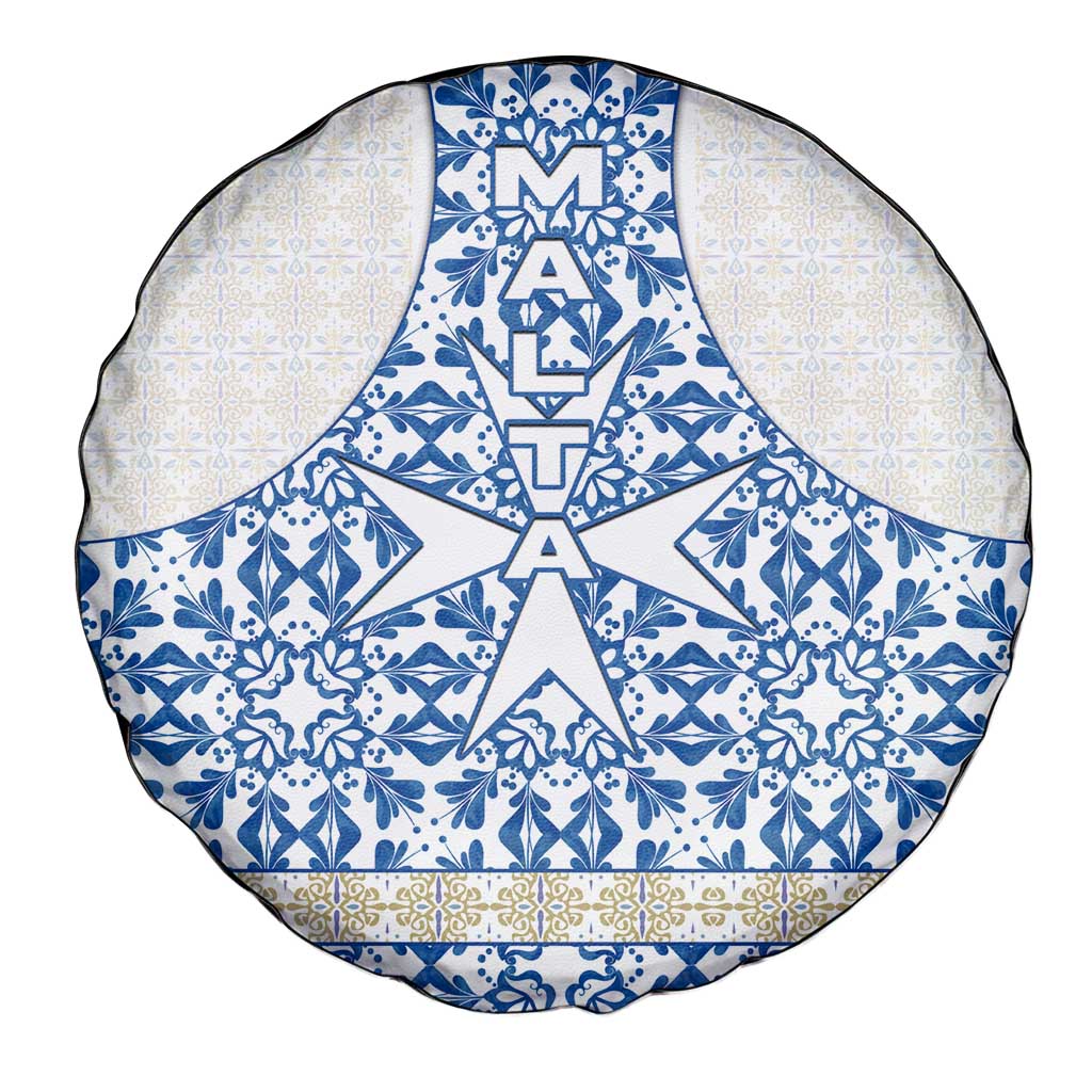 Malta Spare Tire Cover with Blue White Tile Design and Maltese Cross Pattern TS04