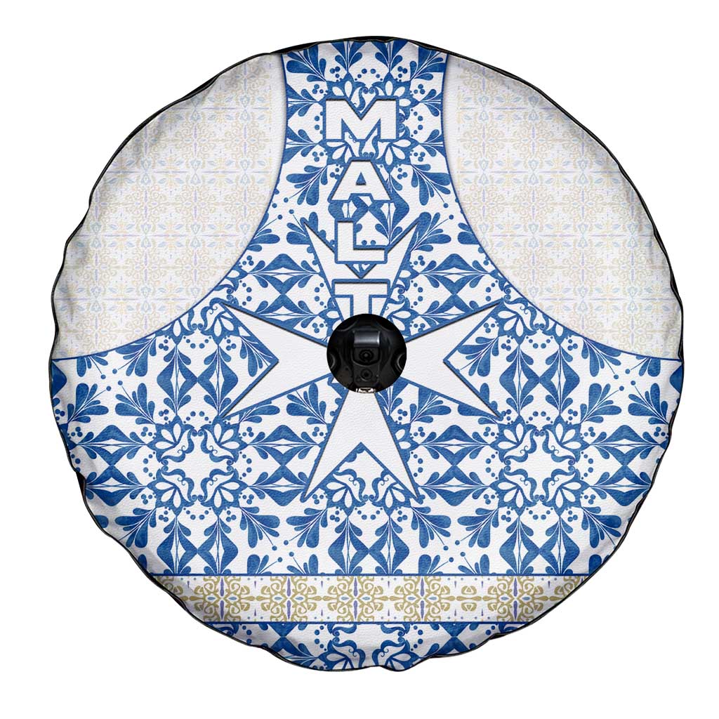 Malta Spare Tire Cover with Blue White Tile Design and Maltese Cross Pattern TS04
