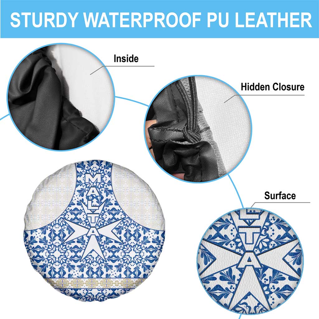 Malta Spare Tire Cover with Blue White Tile Design and Maltese Cross Pattern TS04