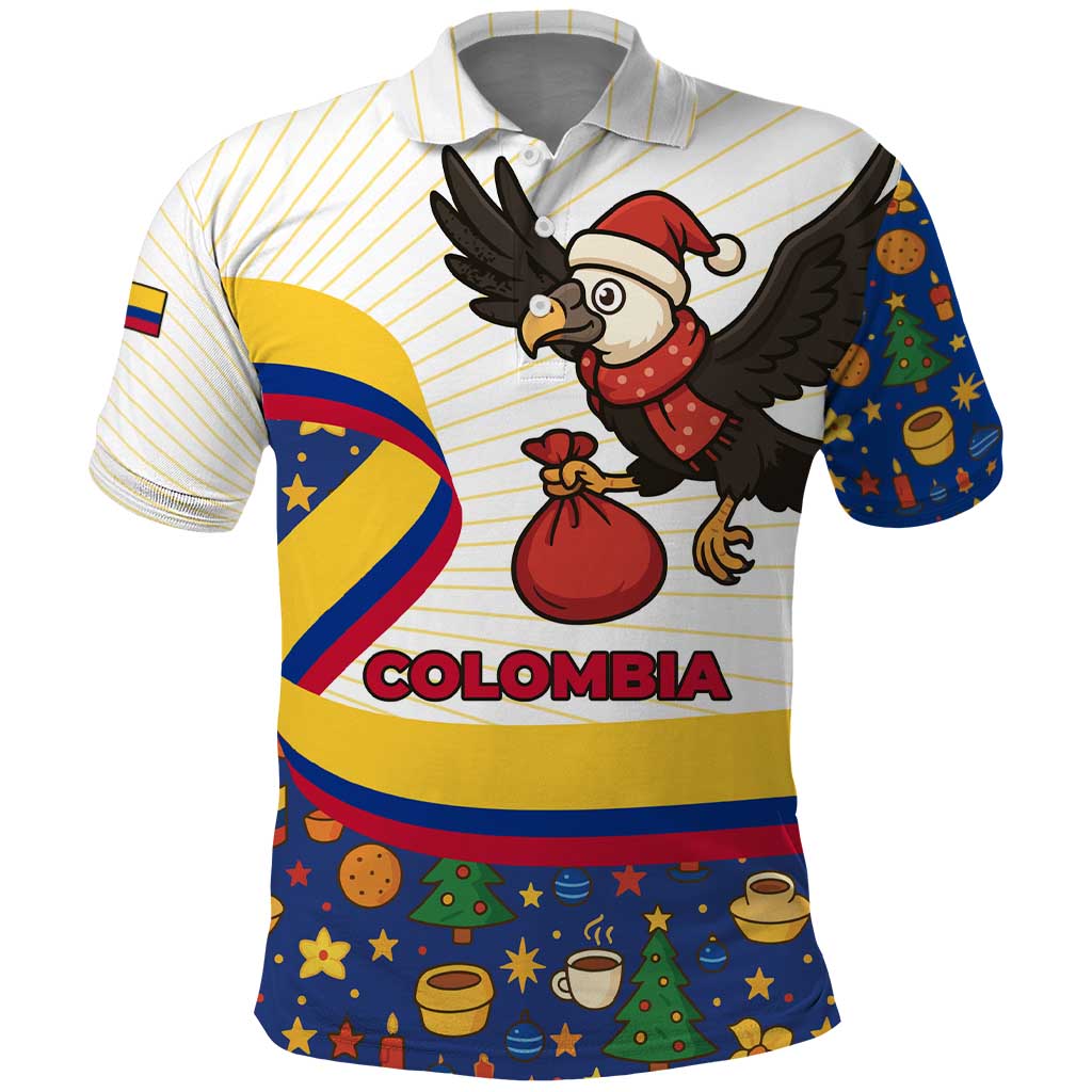 Colombia Christmas Polo Shirt with Santa Condor Gift Bag and Holiday Food Pattern TS04