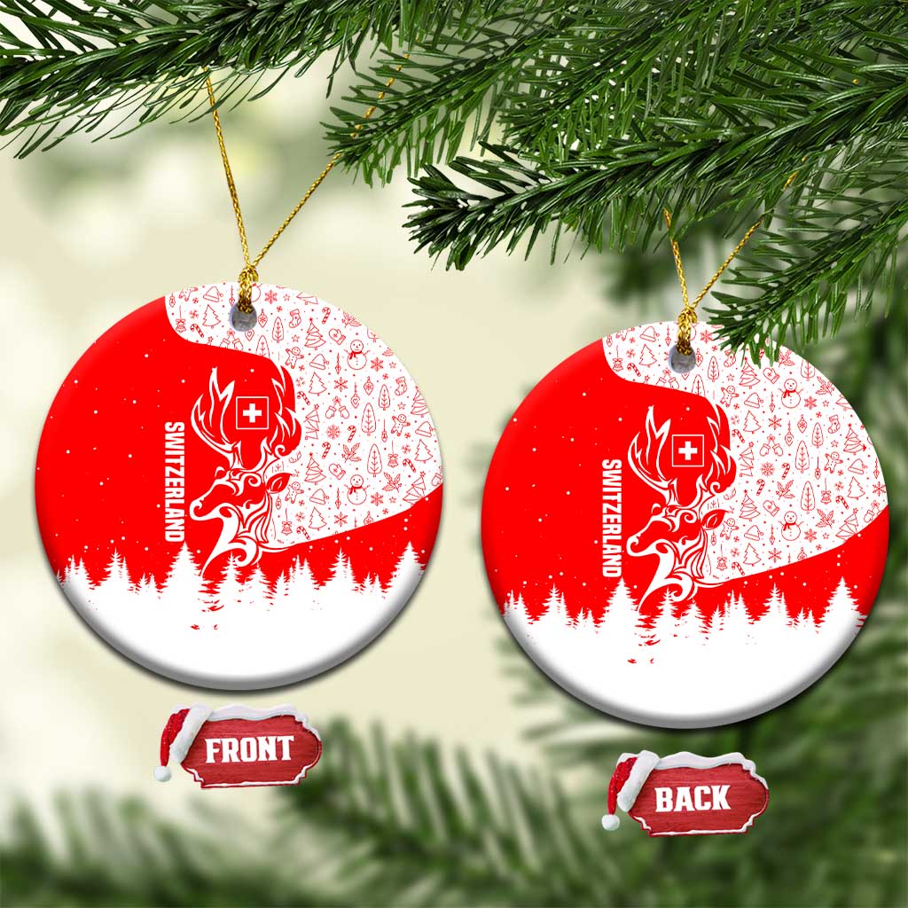Switzerland Christmas Ceramic Ornament with Red Reindeer Snow Forest and Holiday Icon TS04
