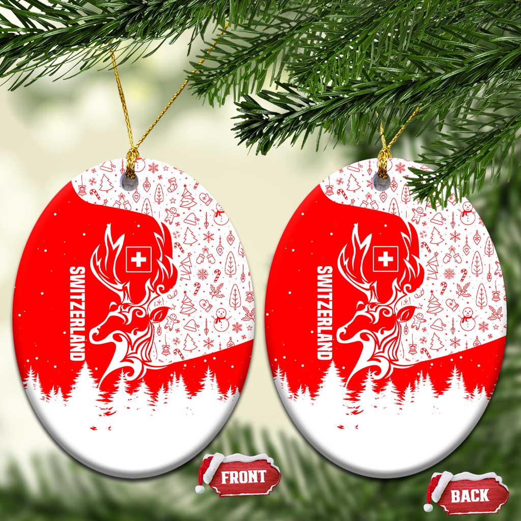 Switzerland Christmas Ceramic Ornament with Red Reindeer Snow Forest and Holiday Icon TS04