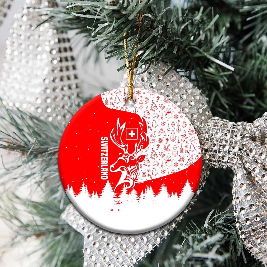 Switzerland Christmas Ceramic Ornament with Red Reindeer Snow Forest and Holiday Icon TS04