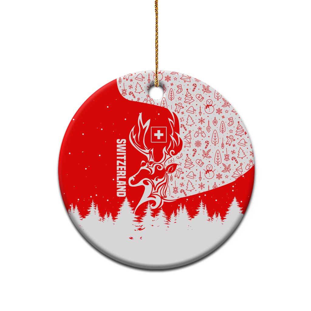 Switzerland Christmas Ceramic Ornament with Red Reindeer Snow Forest and Holiday Icon TS04
