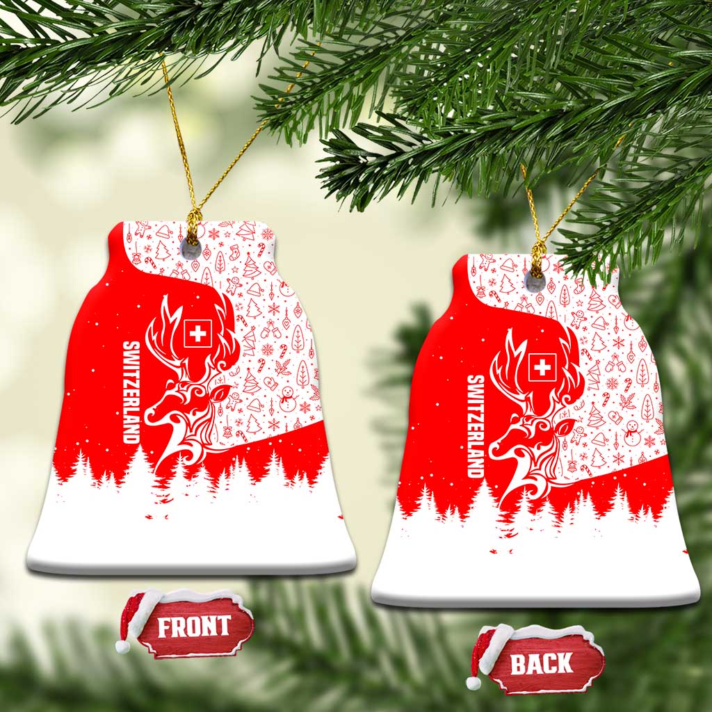 Switzerland Christmas Ceramic Ornament with Red Reindeer Snow Forest and Holiday Icon TS04