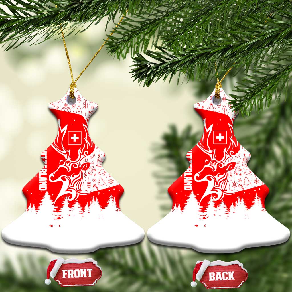Switzerland Christmas Ceramic Ornament with Red Reindeer Snow Forest and Holiday Icon TS04