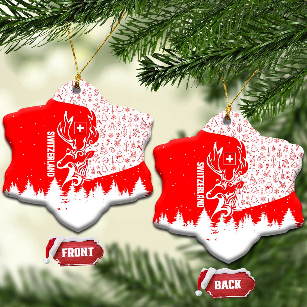 Switzerland Christmas Ceramic Ornament with Red Reindeer Snow Forest and Holiday Icon TS04