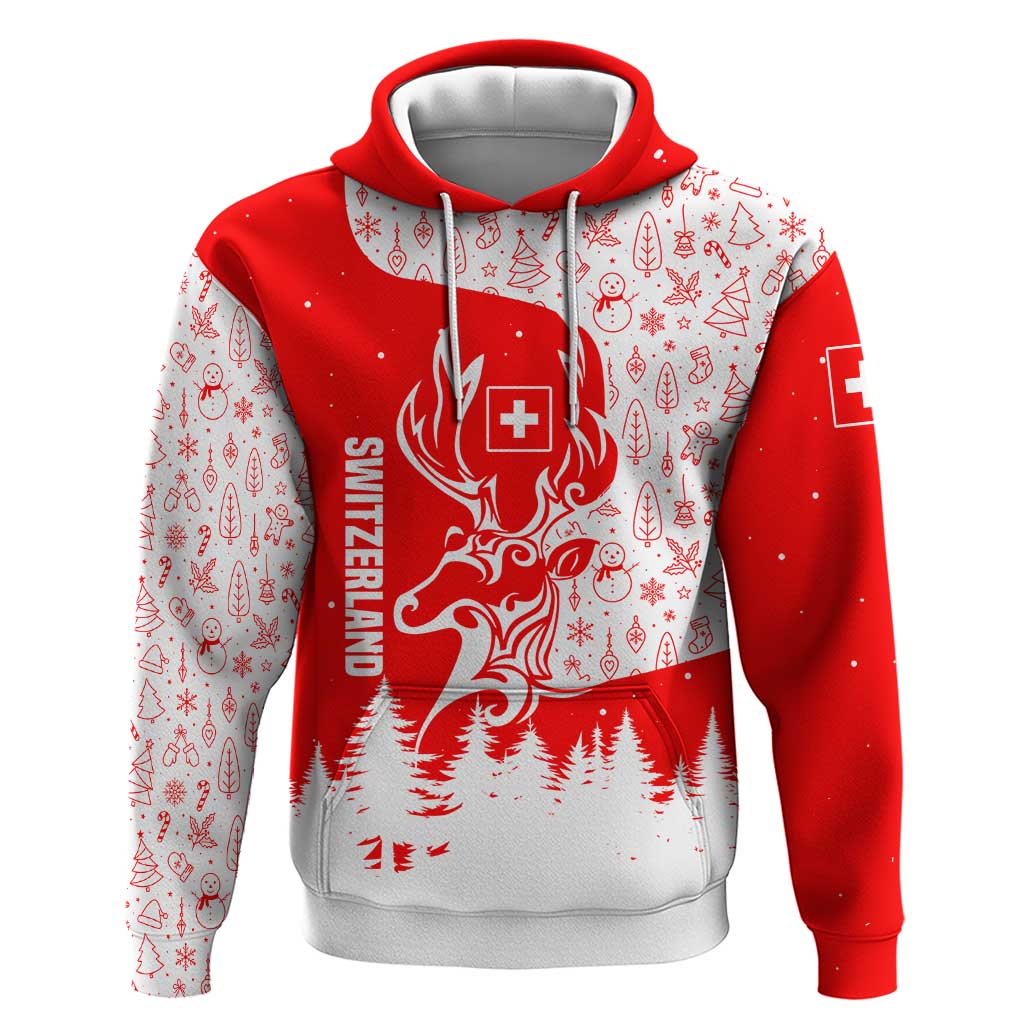 Switzerland Christmas Hoodie with Red Reindeer Snow Forest and Holiday Icon TS04